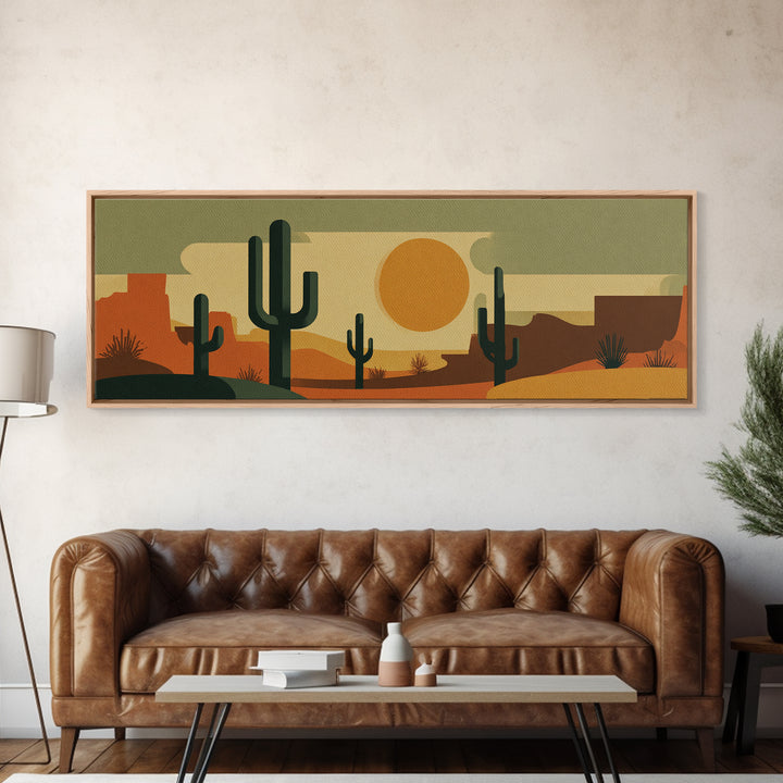 Retro Desert Cactus Scene With Orange Sun And Mesas Canvas Print, Mid Century Modern Wall Art, Southwest Decor Poster Print
