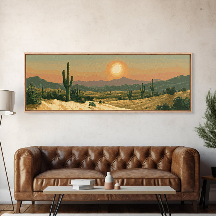 Golden Desert Valley Sunset With Saguaros And Mountains Wall Art, Southwest Landscape Print, Midcentury Modern Home Decor