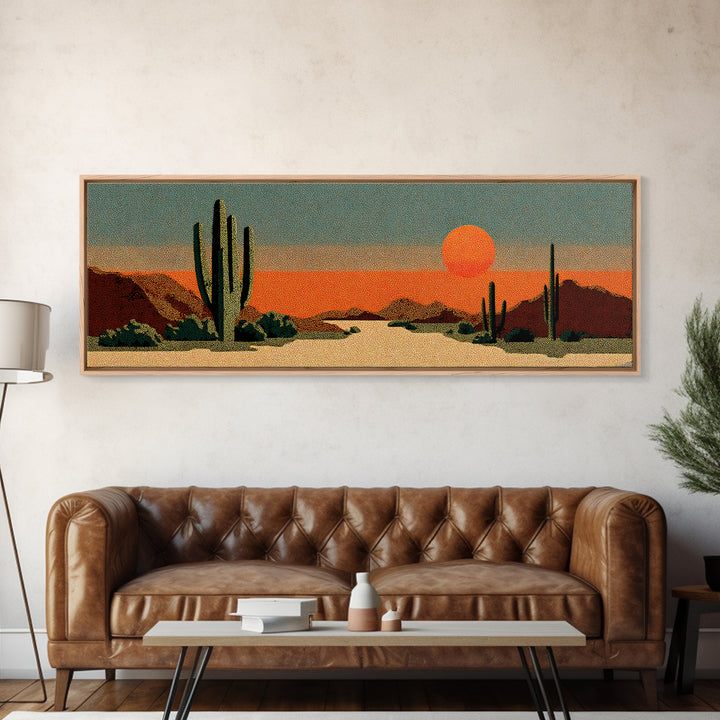 Textured Saguaro Desert With Orange Sun And Rust Mountains Canvas Print, Retro Wall Art, Midcentury Modern Southwest Decor