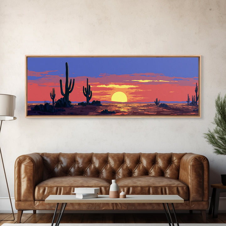 Purple Desert Sunset With Tall Saguaro Cacti And Low Sun Framed Canvas Print, Retro Wall Art, Colorful Southwest Home Decor