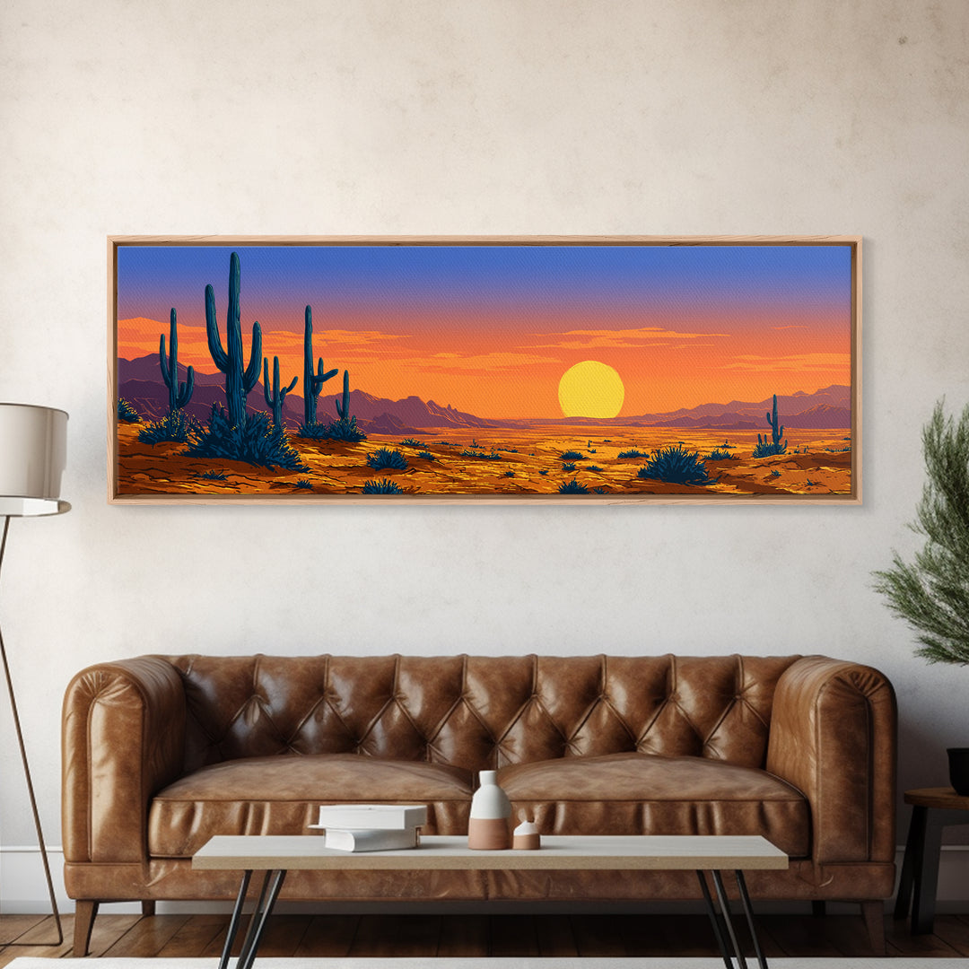 Vibrant Desert Sunset With Blue Cacti And Golden Sky Wall Art, Retro Art Print, Colorful Southwest Living Room Decor Poster