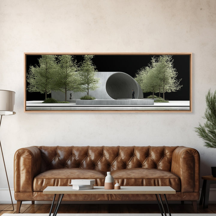 Concrete Circular Pavilion With Silver Trees And Black Sky Framed Canvas Print, Modern Architecture Wall Art, Office Decor