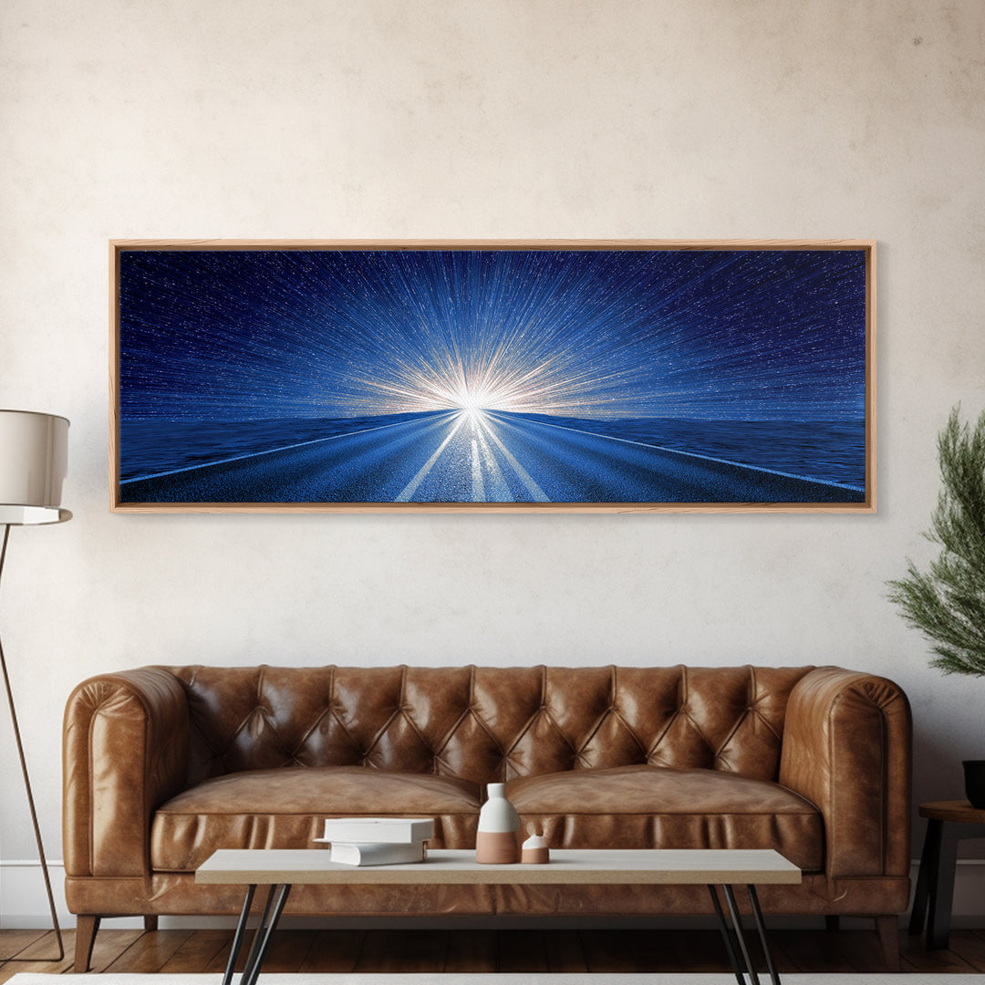 Starry Blue Highway Horizon Framed Canvas Print, Cosmic Retro Wall Art, Modern Digital Art, Space Abstract Decor For Living Room