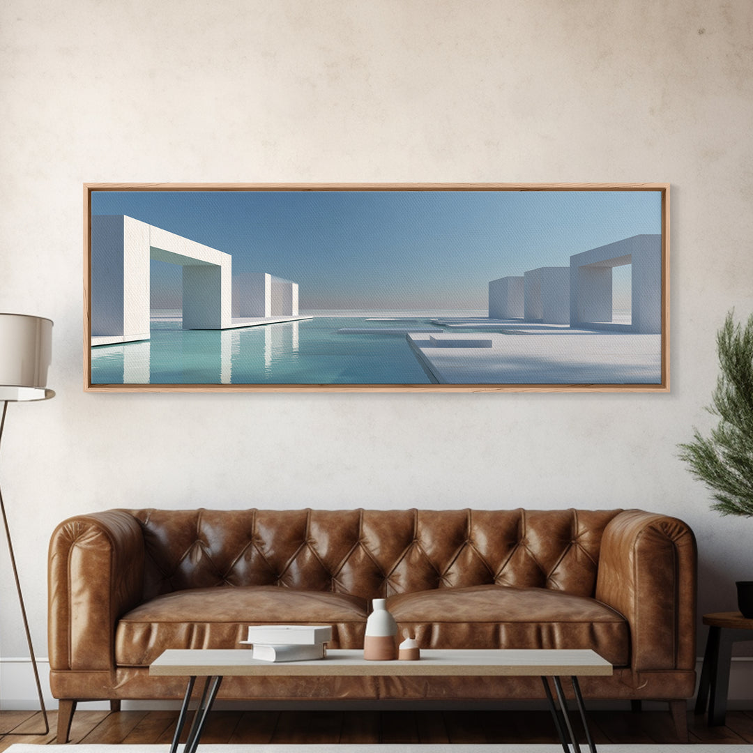 Minimal White Geometric Seaside Architecture With Blue Pool Wall Art, Modern Coastal Print, Luxury Home Decor, Office Art