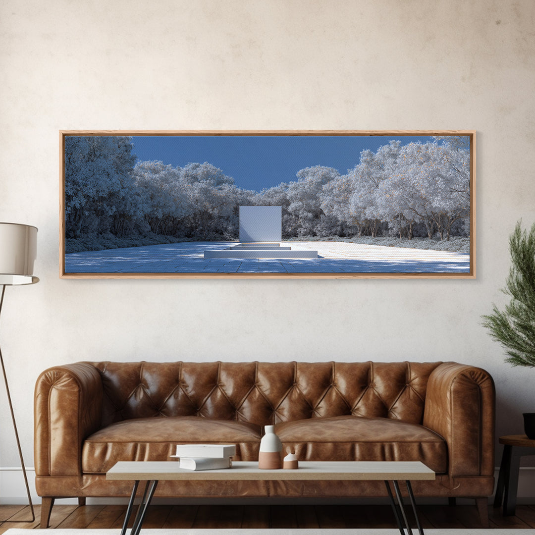 Snowy Minimal Monument Wall Art, Winter Forest Landscape Canvas, Blue White Modern Home Decor, Serene Scandinavian Print