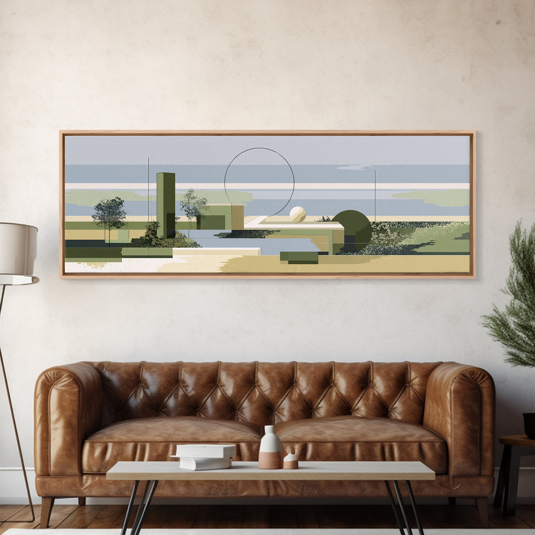 Midcentury Coastal Architecture Wall Art, Olive Green Geometric Landscape, Modern Abstract Decor, Minimalist Canvas Print
