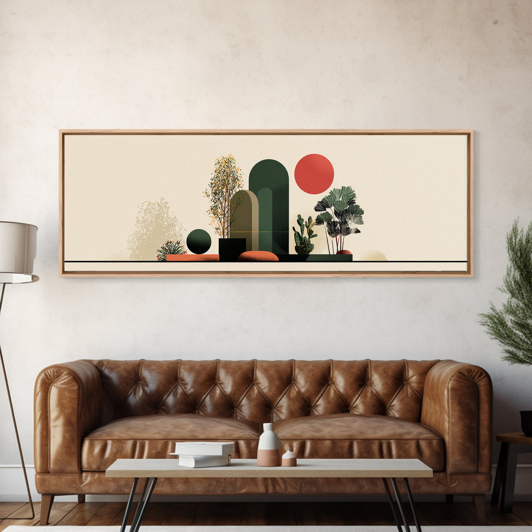 Abstract Botanical Still Life Wall Art, Red Sun And Green Arches, Midcentury Modern Decor, Boho Scandinavian Canvas Print