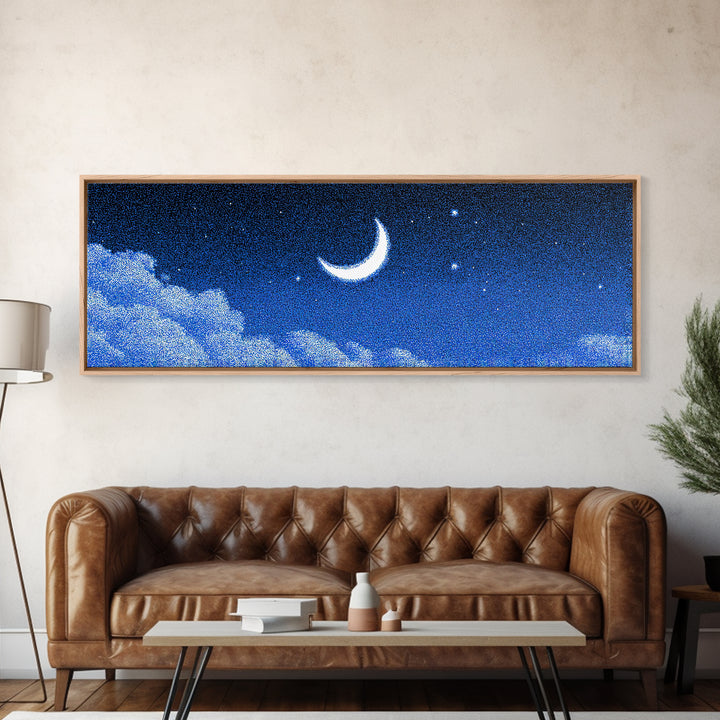 Glowing Crescent Moon And Cloud Wall Art, Blue Starry Sky Canvas, Mystical Celestial Decor, Boho Nursery Bedroom Art Print Gift