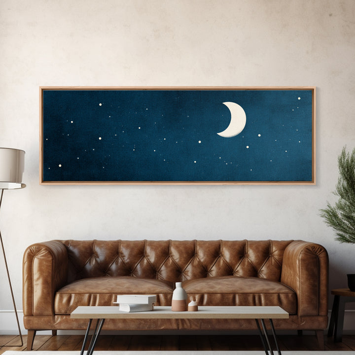 Textured Teal Crescent Moon Wall Art, Starry Night Sky Canvas, Minimalist Celestial Decor, Modern Bedroom Art Print Gift