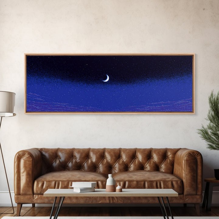Purple Blue Crescent Moon Wall Art, Starry Horizon Night Sky Canvas, Cosmic Retro Decor, Boho Celestial Bedroom Art Print