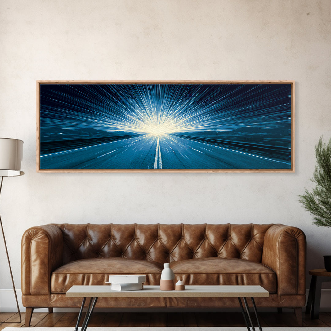 Electric Cyan Light Burst Canvas Print, Sci Fi Retro Wall Art, Modern Abstract Art, Blue Geometric Decor For Office Or Game Room
