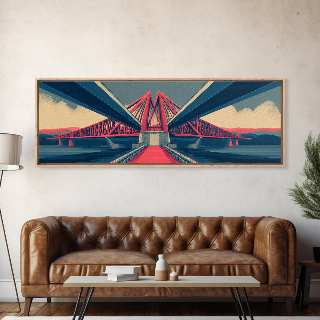Red Suspension Bridge At Sunset Canvas Print, Midcentury Modern Wall Decor, Architectural Landscape, Retro Travel Poster