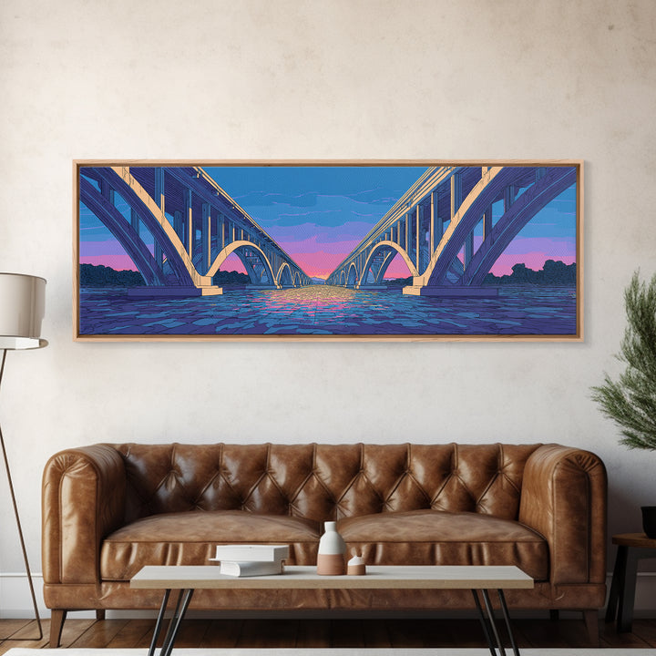 Blue Arch Bridge Sunset Wall Art, Panoramic River Cityscape Print, Modern Architectural Decor, Pink Purple Skyline Poster