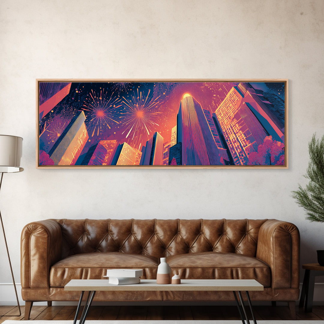 Fireworks Over Skyscrapers Canvas Print, Neon City Night Wall Art, Retro Futuristic Urban Decor, Bold Architecture Poster