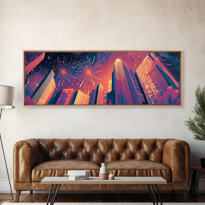 Fireworks Over Skyscrapers Canvas Print, Neon City Night Wall Art, Retro Futuristic Urban Decor, Bold Architecture Poster