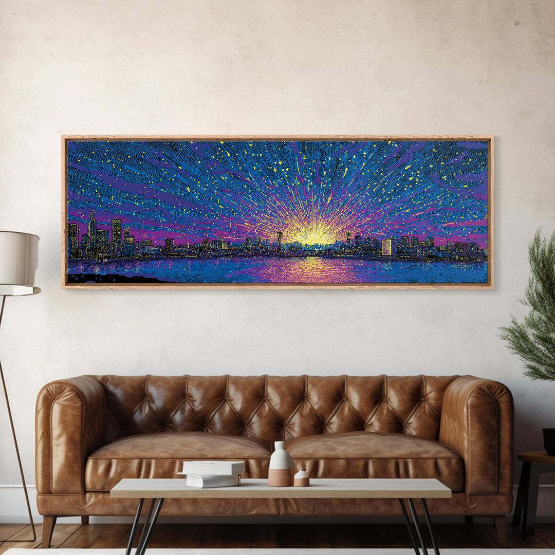Cosmic Harbor Skyline Sunset Wall Art, Starburst Cityscape Print, Vibrant Blue Purple Decor, Modern Panoramic Poster Gift