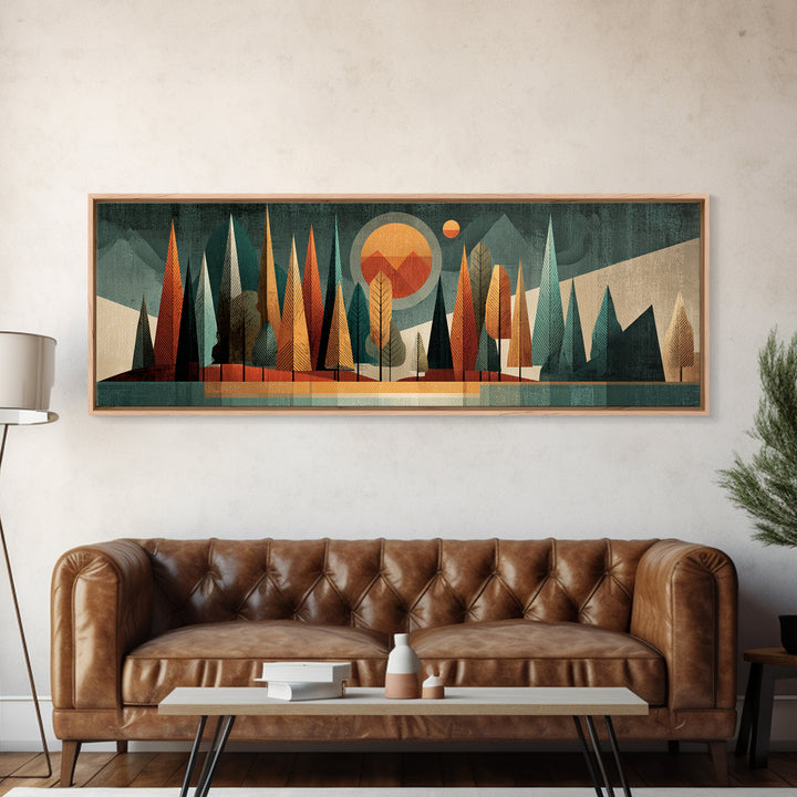 Textured Midcentury Forest Sun Wall Art, Orange Teal Landscape, Atomic Modern Art Print, Retro Home Decor For Living Room