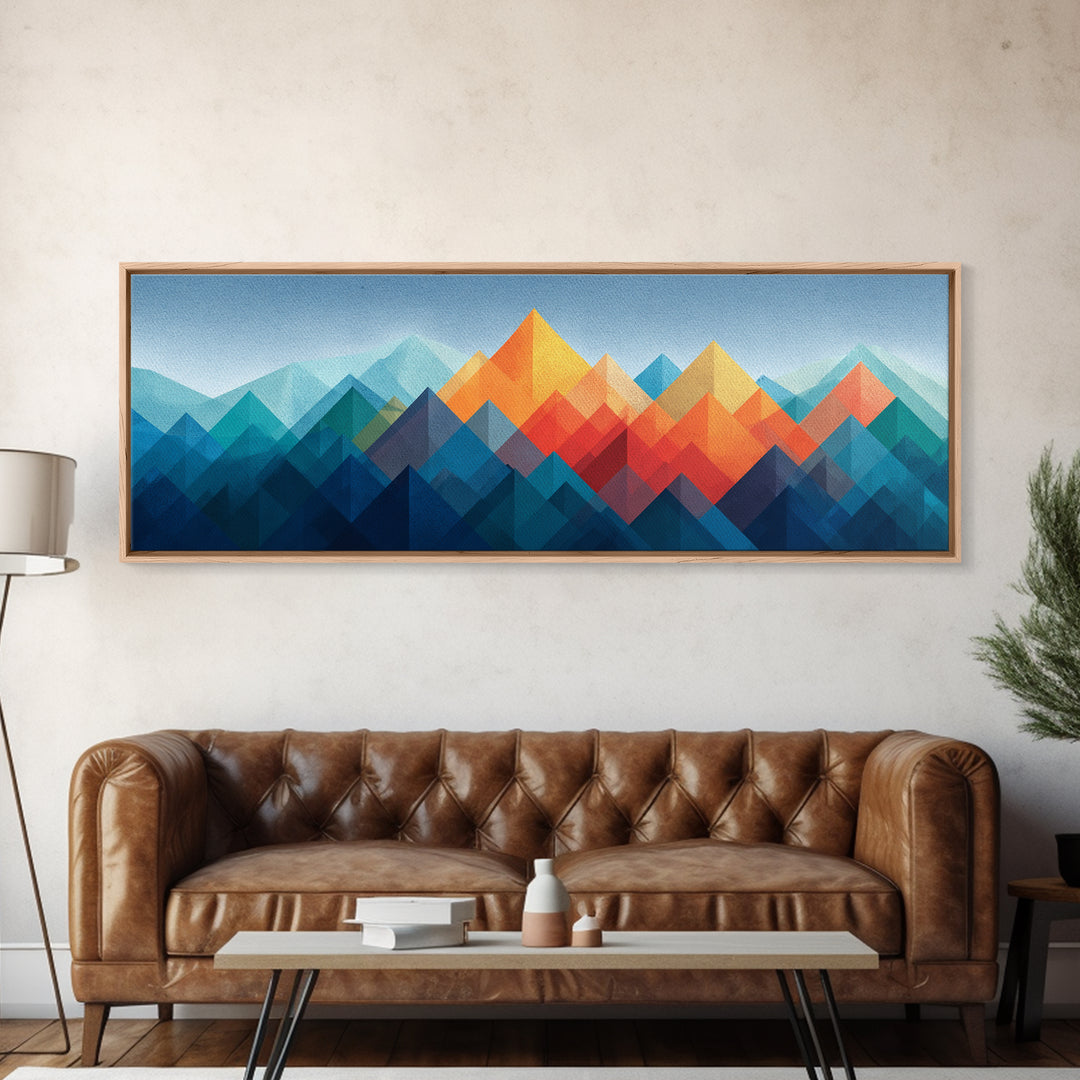 Blue Orange Faceted Mountain Range Framed Canvas Print, Mid Century Modern Abstract Art, Geometric Wall Decor Poster For Living Room