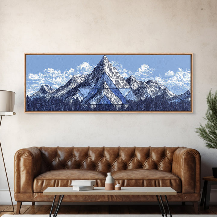 Snowy Alpine Mountain Sketch Wall Art, Blue White Landscape Print, Modern Geometric Poster, Office And Living Room Decor