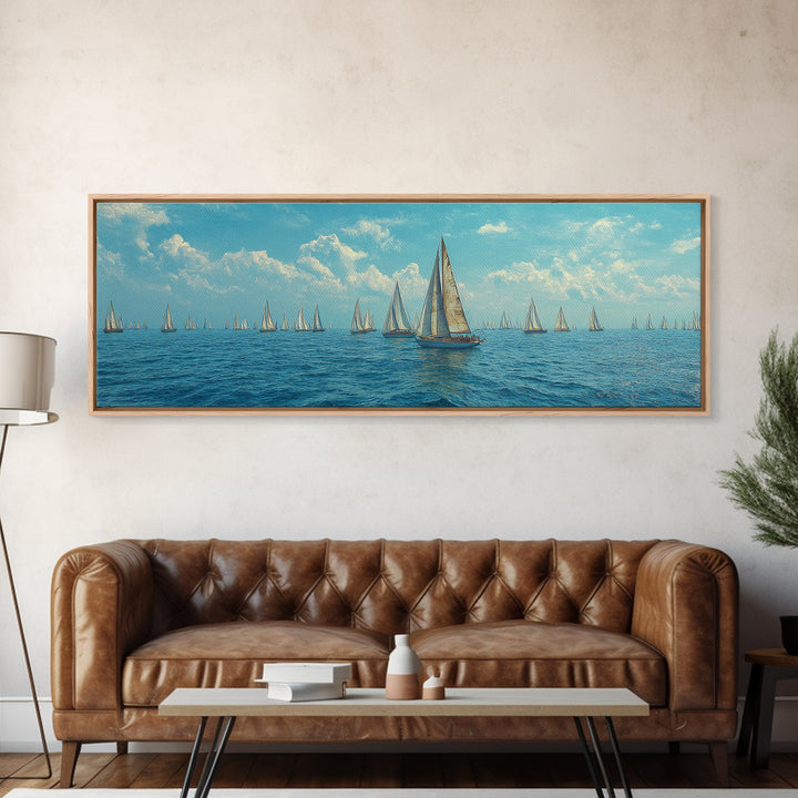 Impressionist Sailboat Fleet Canvas Print, Coastal Wall Art, Blue Ocean Landscape Poster, Nautical Decor For Living Room