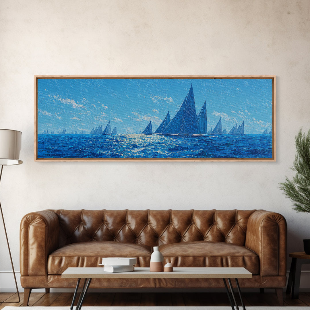 Deep Blue Sailboat Horizon Framed Canvas Print, Coastal Wall Art, Nautical Ocean Decor, Modern Landscape Poster For Office