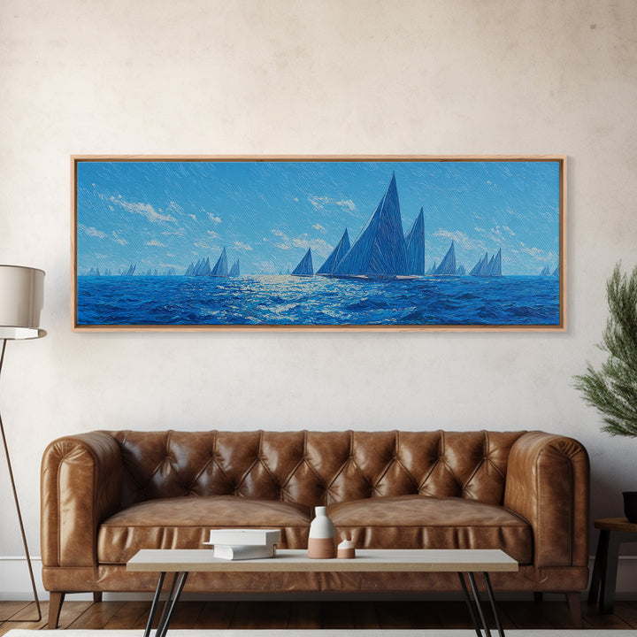 Deep Blue Sailboat Horizon Framed Canvas Print, Coastal Wall Art, Nautical Ocean Decor, Modern Landscape Poster For Office