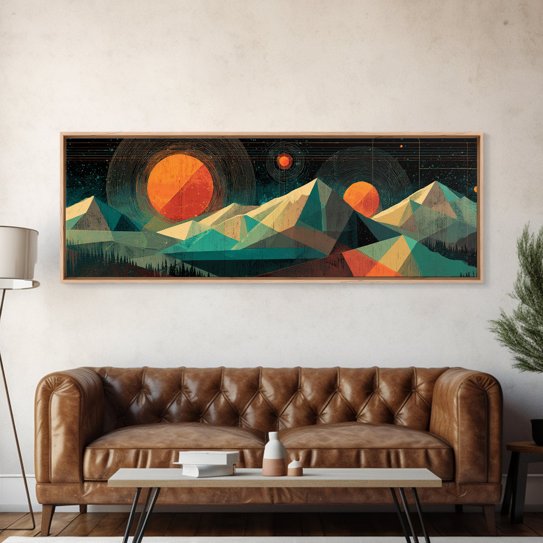 Geometric Mountain Suns Framed Canvas Print, Midcentury Modern Wall Art, Teal Orange Abstract Decor, Retro Landscape Poster
