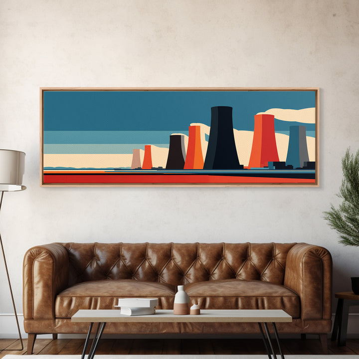 Retro Nuclear Cooling Towers At Desert Horizon Wall Art, Midcentury Modern Industrial Landscape, Bold Orange Blue MCM Decor