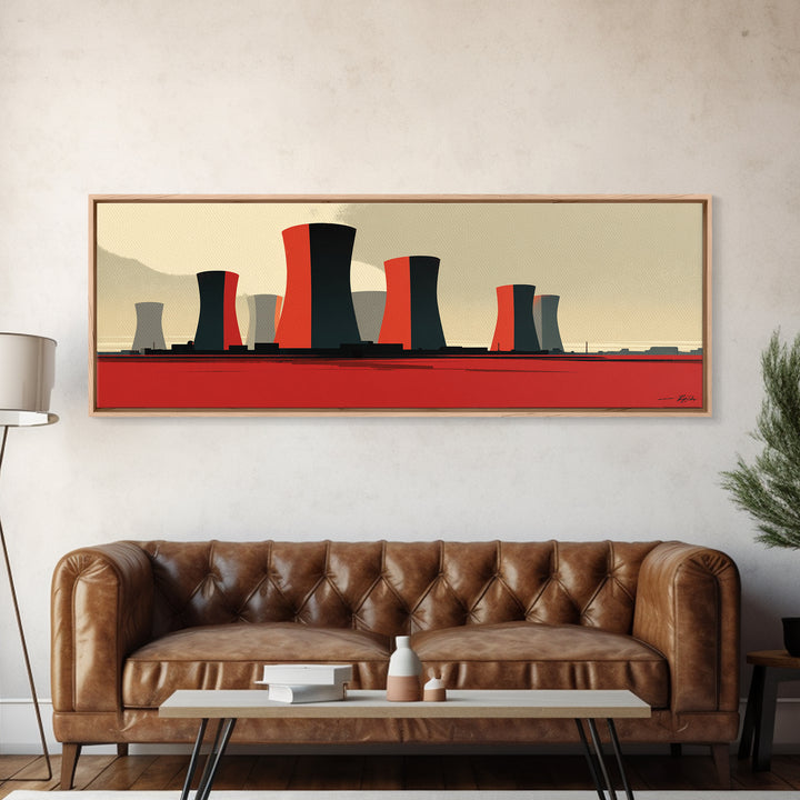 Minimal Cooling Towers On Red Plain Canvas Print, Midcentury Modern Industrial Landscape, Atomic Power Plant Wall Decor Art