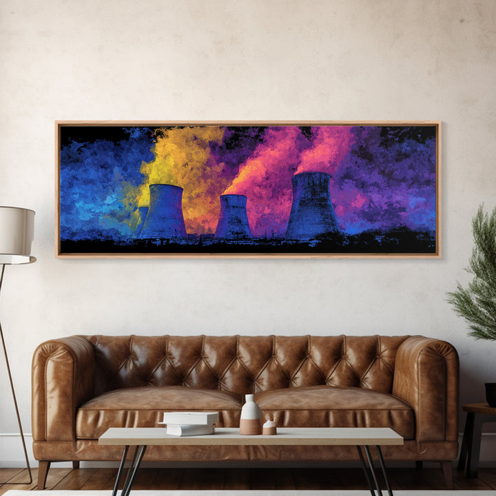 Blue Nuclear Towers With Neon Smoke Framed Canvas Print, Retro Sci Fi Industrial Wall Art, Colorful Modern Abstract Decor