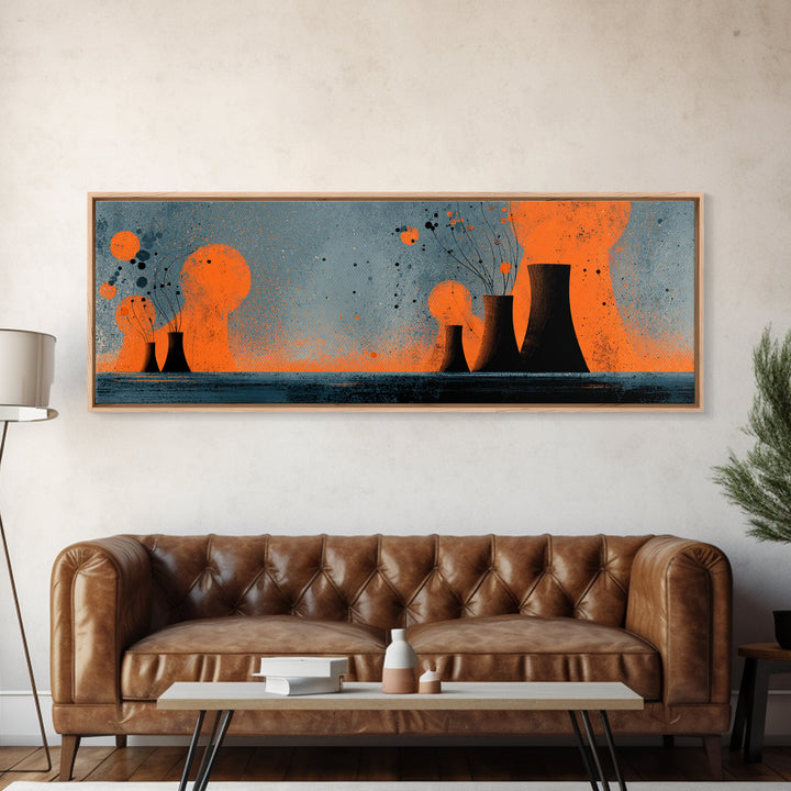 Orange Atomic Cooling Towers At Dusk Wall Art, Midcentury Modern Industrial Landscape, Retro Abstract Power Plant Decor Print