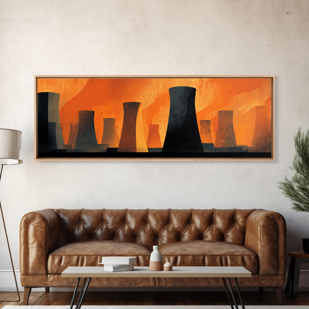 Black Cooling Tower Silhouettes In Orange Heat Canvas Print, Midcentury Modern Industrial Wall Art, Bold Atomic Decor Poster