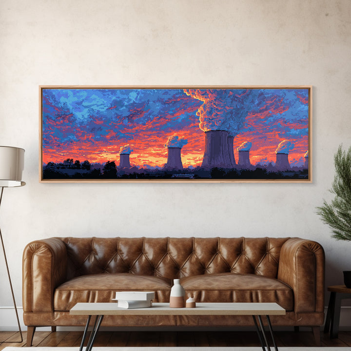 Purple Cooling Towers Under Fiery Sunset Framed Canvas Print, Retro Industrial Wall Art, Colorful Modern Landscape Decor