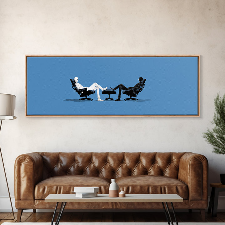 Two Minimal Figures In Lounge Chairs Wall Art, Midcentury Modern Therapy Office Decor, Blue Retro Abstract Art Print Poster