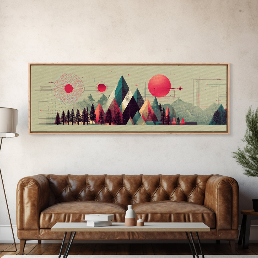 Pink Sun Geometric Mountains Wall Art, Midcentury Modern Art Print, Abstract Landscape Poster, Colorful Office Decor Gift