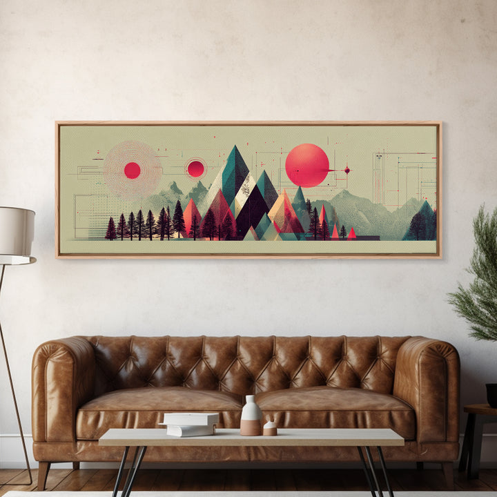 Pink Sun Geometric Mountains Wall Art, Midcentury Modern Art Print, Abstract Landscape Poster, Colorful Office Decor Gift