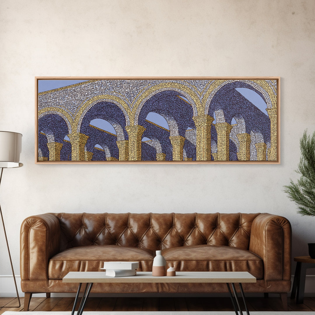 Golden Blue Moorish Arches Framed Canvas Print, Architectural Wall Art, Mediterranean Decor, Elegant Colonnade Poster Gift