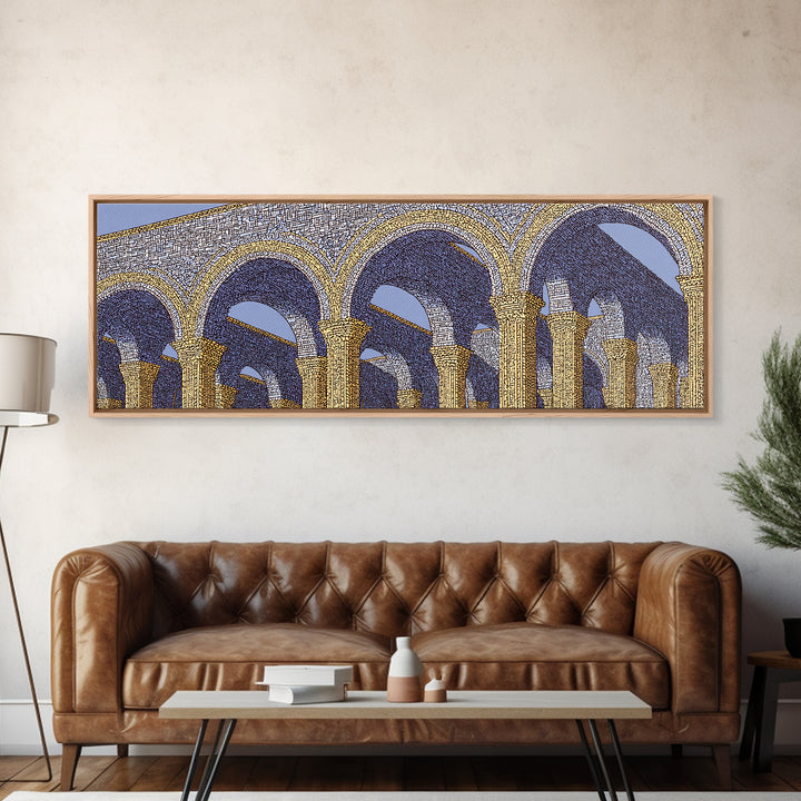 Golden Blue Moorish Arches Framed Canvas Print, Architectural Wall Art, Mediterranean Decor, Elegant Colonnade Poster Gift
