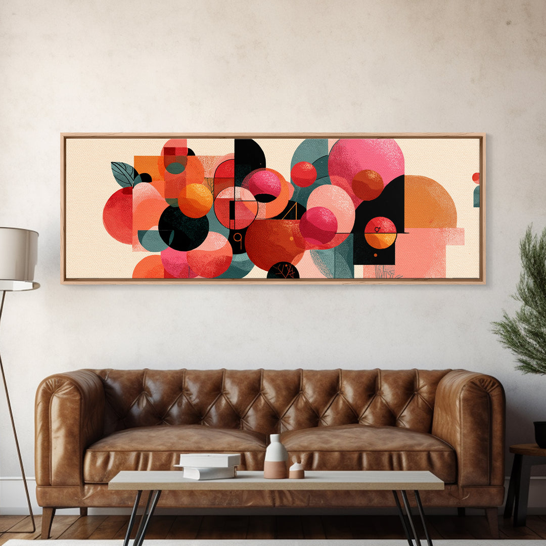 Abstract Citrus Circle Wall Art, Orange Pink Botanical Still Life Poster, Midcentury Modern Geometric Canvas Print Gift Idea