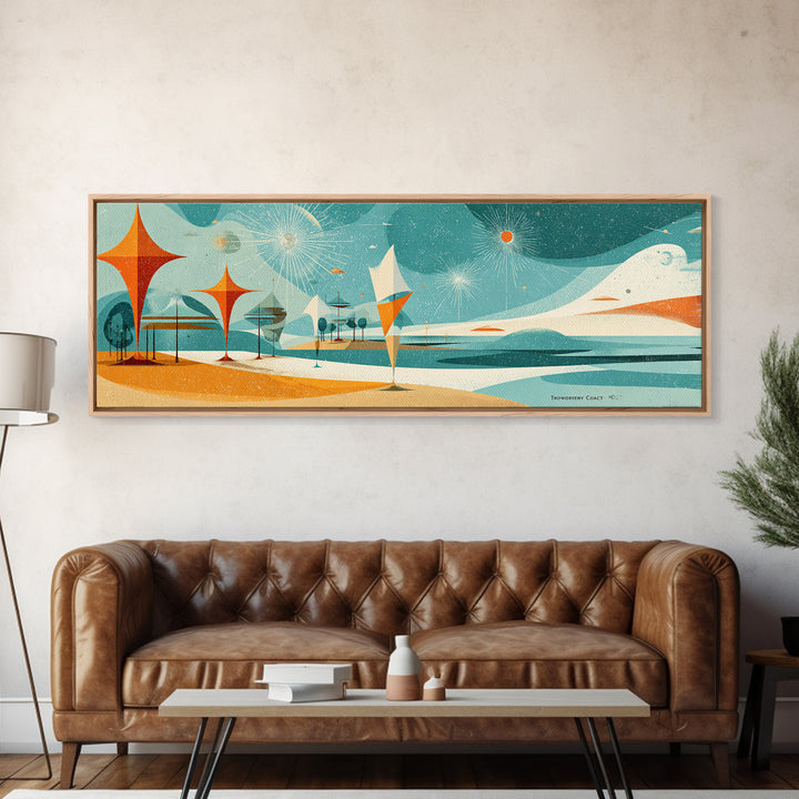 Retro Abstract Beach Waves Canvas Print, Atomic Coastal Wall Art, Midcentury Modern Decor, Orange Teal Poster For Beach House