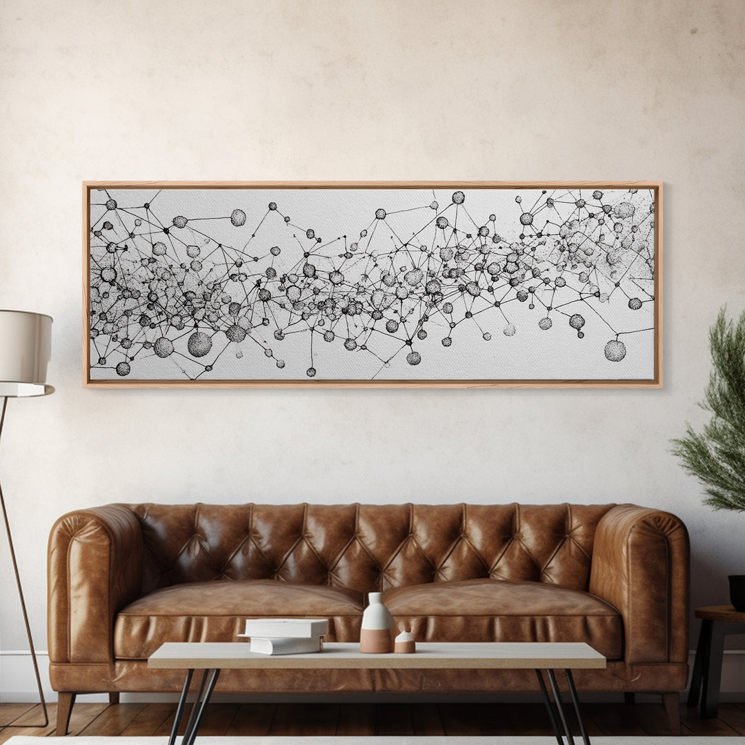 Black White Molecular Network Wall Art, Scientific Abstract Line Poster, Modern Minimalist Office Decor, Canvas Print Gift