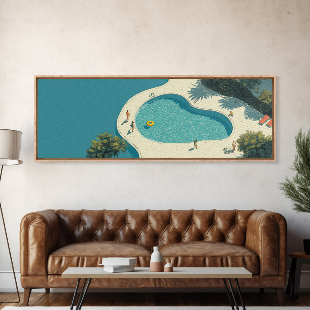 Aerial Turquoise Pool Beside Blue Water Canvas Print, Minimalist Wall Art, Midcentury Modern Decor, Coastal Resort Poster