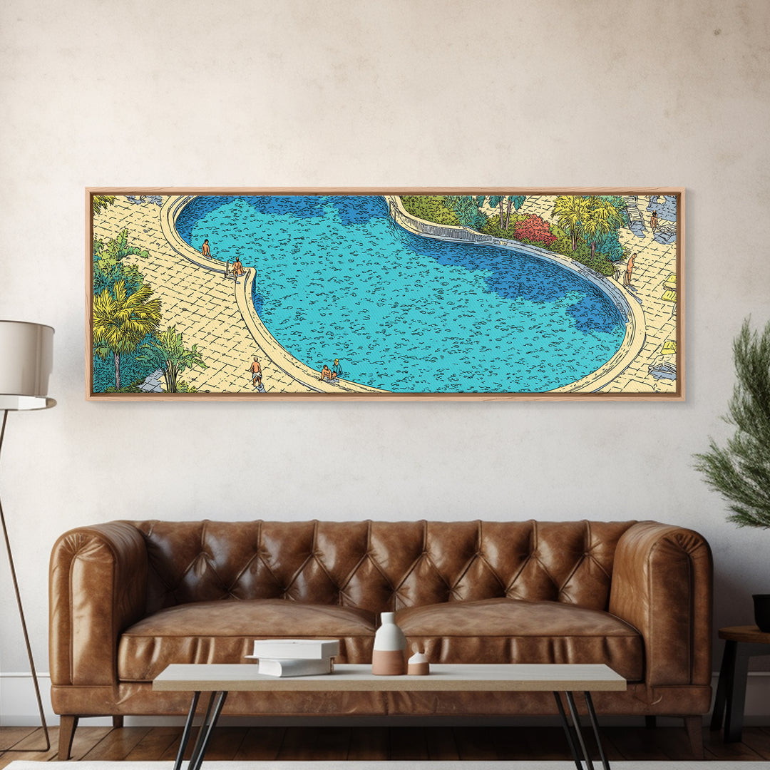 Bright Blue Resort Pool With Stone Terrace Wall Art, Midcentury Modern Print, Tropical Garden Decor, Large Canvas Poster