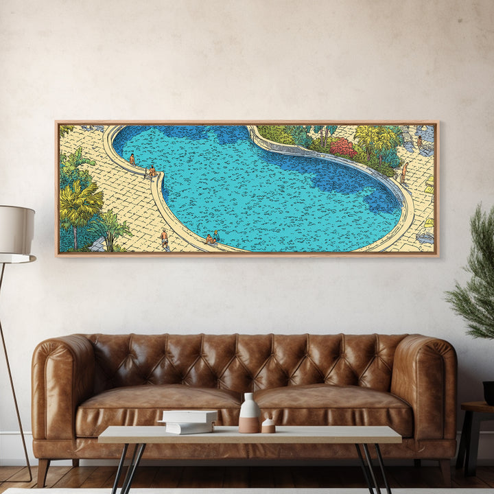 Bright Blue Resort Pool With Stone Terrace Wall Art, Midcentury Modern Print, Tropical Garden Decor, Large Canvas Poster