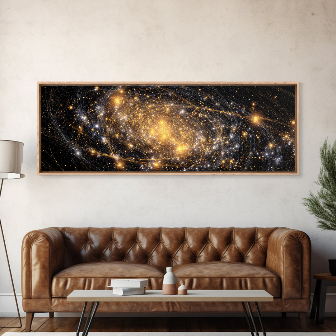 Golden Spiral Galaxy With Star Clusters Canvas Print, Abstract Space Wall Art, Modern Home Decor, Celestial Poster, Large Print