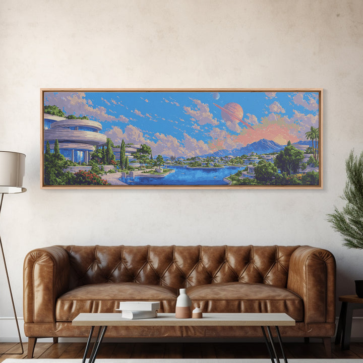 Futuristic Lakeside City With Planets Wall Art, Midcentury Modern Poster, Retro Sci Fi Decor, Scenic Landscape Canvas Print