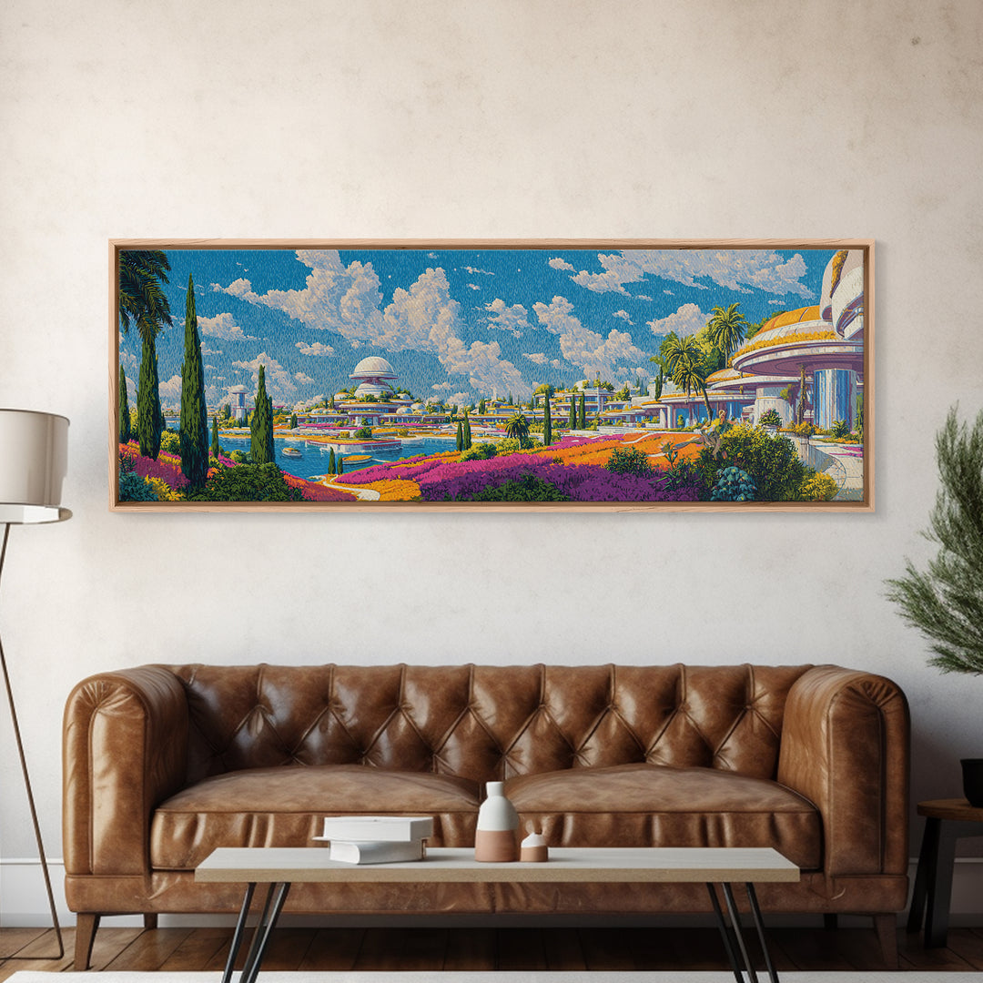 Utopian Waterfront Futurist City Wall Art, Mid Century Modern Travel Poster, Retro Modern Home Decor, Panoramic Canvas Print