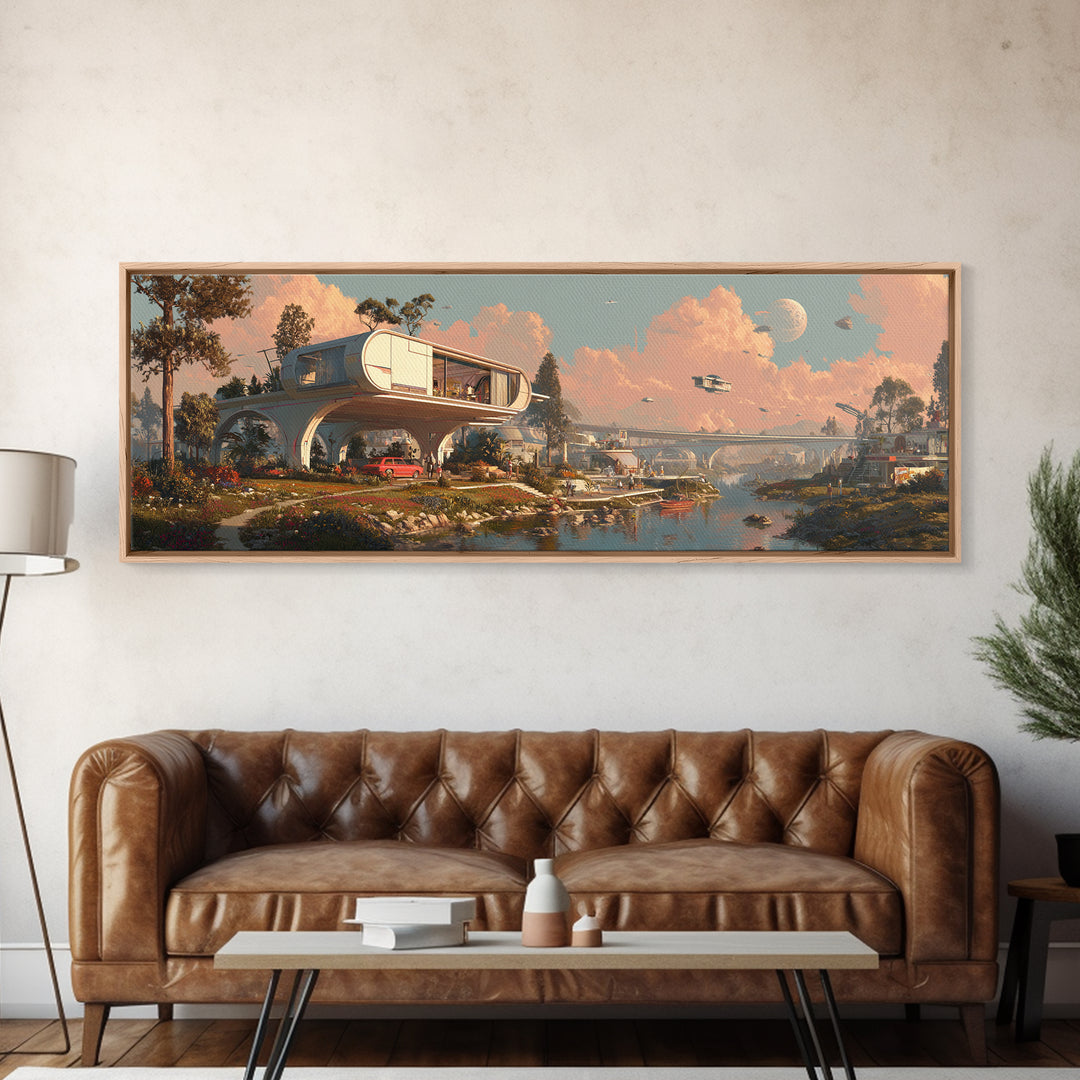 Retro Future Stilt House At Moonlit Marsh Wall Art, Mid Century Modern Architecture Poster, MCM Decor, Panoramic Canvas Print
