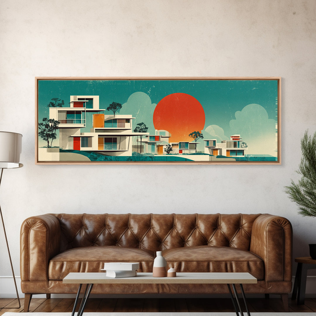 Modernist White Villas With Orange Sun Wall Art, Mid Century Modern Architecture, Palm Springs Decor, Teal Panoramic Print