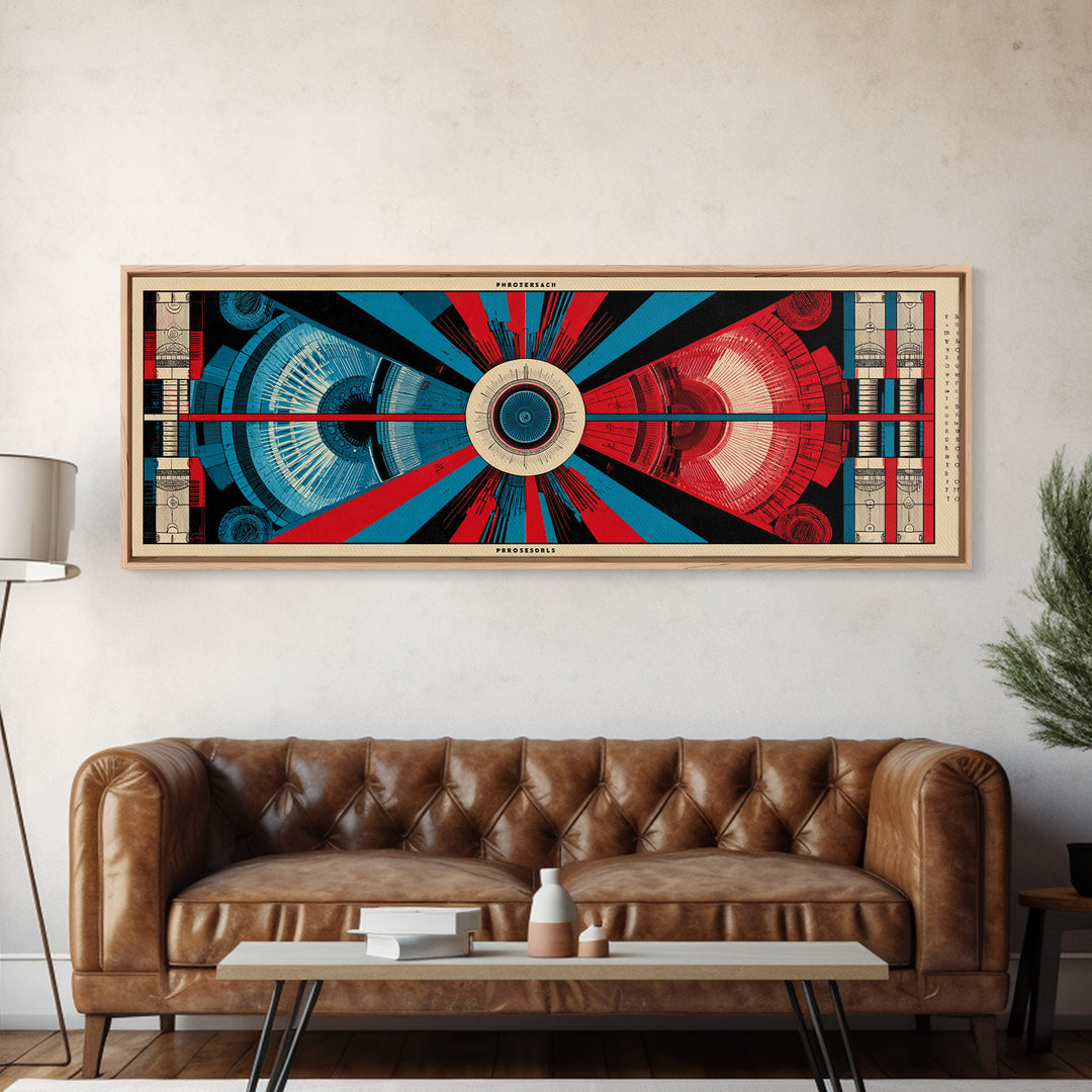 Red And Blue Technical Mandala Wall Art, Mid Century Abstract Geometric Poster, Atomic Modern Decor, Panoramic Canvas Print
